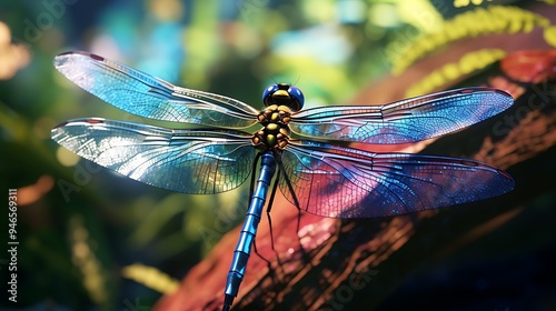 A breathtaking close-up of a dragonfly in repose, displaying its wings with mesmerizing patterns and iridescence, rendered in stunning