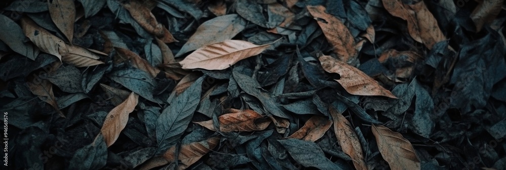 Leaves in various shades of brown and green blanket the ground, creating a serene atmosphere in a secluded woodland area this fall Leaves in various shades of brown and green blanket the ground, creating a serene atmosphere in a secluded woodland area this fall