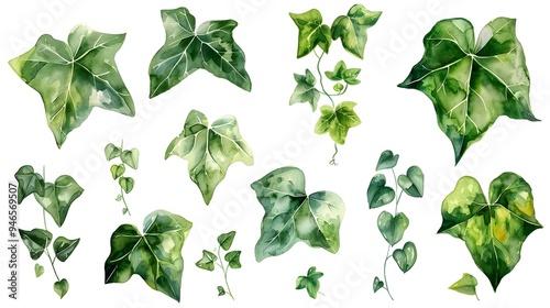 Detailed Watercolor Ivy Leaves in Rich Green Tones on Isolated White Background