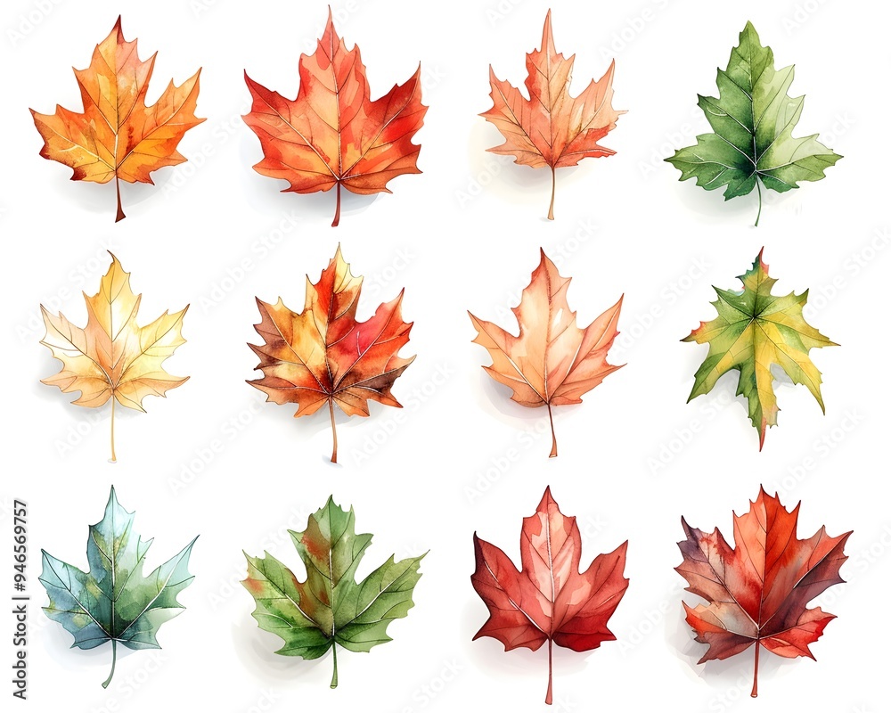 Fototapeta premium Vibrant Watercolor Maple Leaves in Autumn Color Palette on Isolated White Background