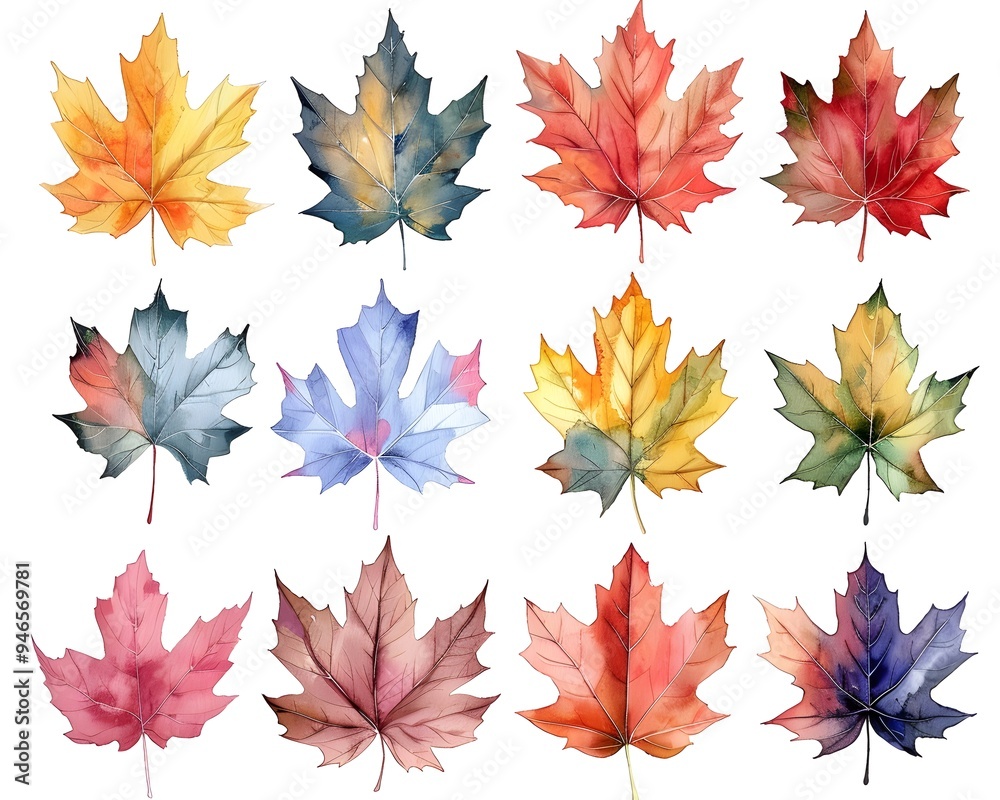 Fototapeta premium Vibrant Watercolor Maple Leaves in Autumn Palette with Isolated Botanical Backdrop
