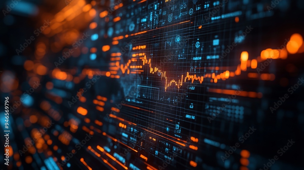 Fototapeta premium Holographic displays feature intricate data trends and global analyses, highlighting connections and insights in real-time environments.