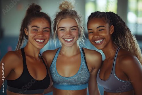 Joyful camaraderie among three diverse young female athletes sharing laughter during a training session in a vibrant gym setting