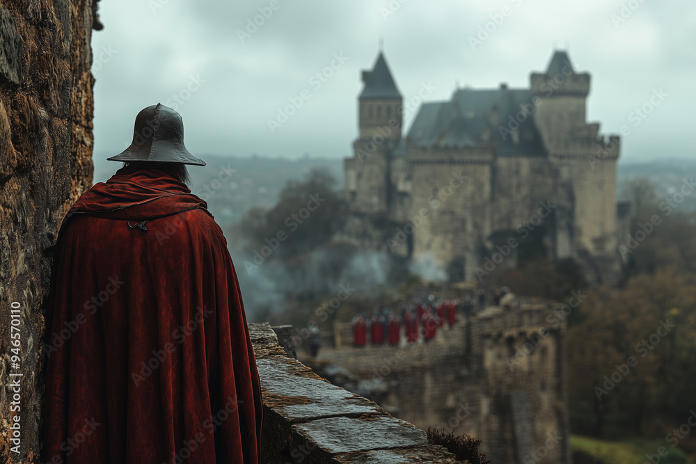 A medieval figure clad in red and grey gazes toward a foreboding castle under a moody sky, embodying an era of mystique and legends A medieval figure clad in red and grey gazes toward a foreboding castle under a moody sky, embodying an era of mystique and legends