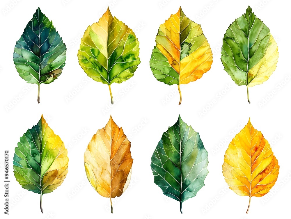 Watercolor Poplar Leaves Showcasing Seasonal Transition on White Background Watercolor Poplar Leaves Showcasing Seasonal Transition on White Background