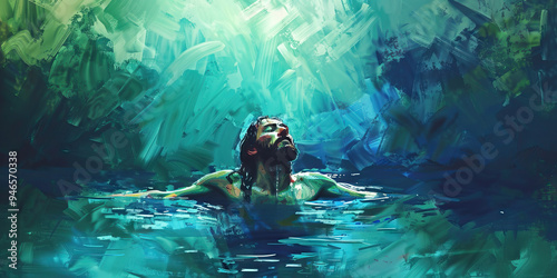Jesus baptized in the Jordan River, using deep blue and green hues to evoke the sacredness of the moment.