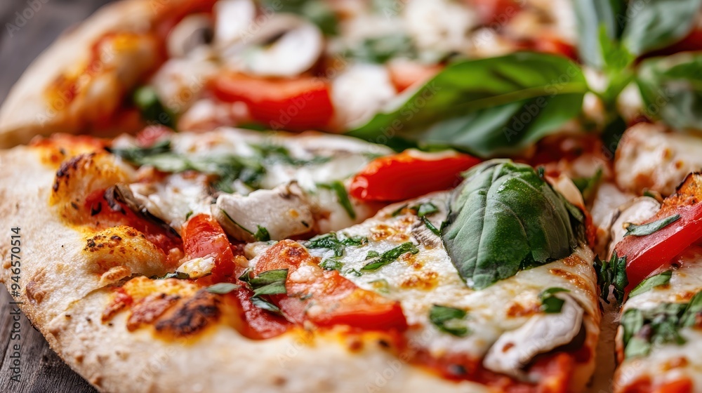 A close-up shot of a pizza topped with mushrooms, tomato slices, and fresh basil leaves. The image highlights the textures and vibrant colors, making the dish look absolutely mouthwatering. A close-up shot of a pizza topped with mushrooms, tomato slices, and fresh basil leaves. The image highlights the textures and vibrant colors, making the dish look absolutely mouthwatering.