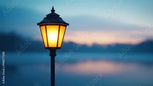 A glowing street lamp at dusk, illuminating the misty air with a warm yellow light, photorealistic, hyper-resolution, serene and atmospheric glow photo