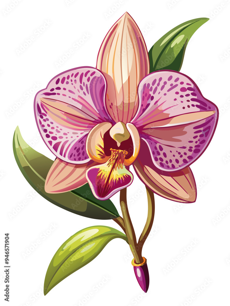 Naklejka premium Elegant Pink Orchid Illustration with Lush Green Leaves - A detailed illustration of a pink orchid with lush green leaves. Perfect for botanical designs, nature themes, and floral art enthusiasts.