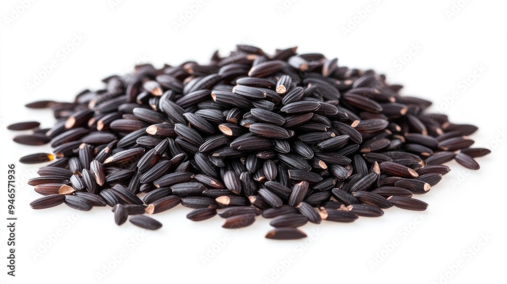 Close-up of black rice grains arranged neatly in a small pile on a white background, highlighting their deep, rich color and glossy appearance, no people. Close-up of black rice grains arranged neatly in a small pile on a white background, highlighting their deep, rich color and glossy appearance, no people.