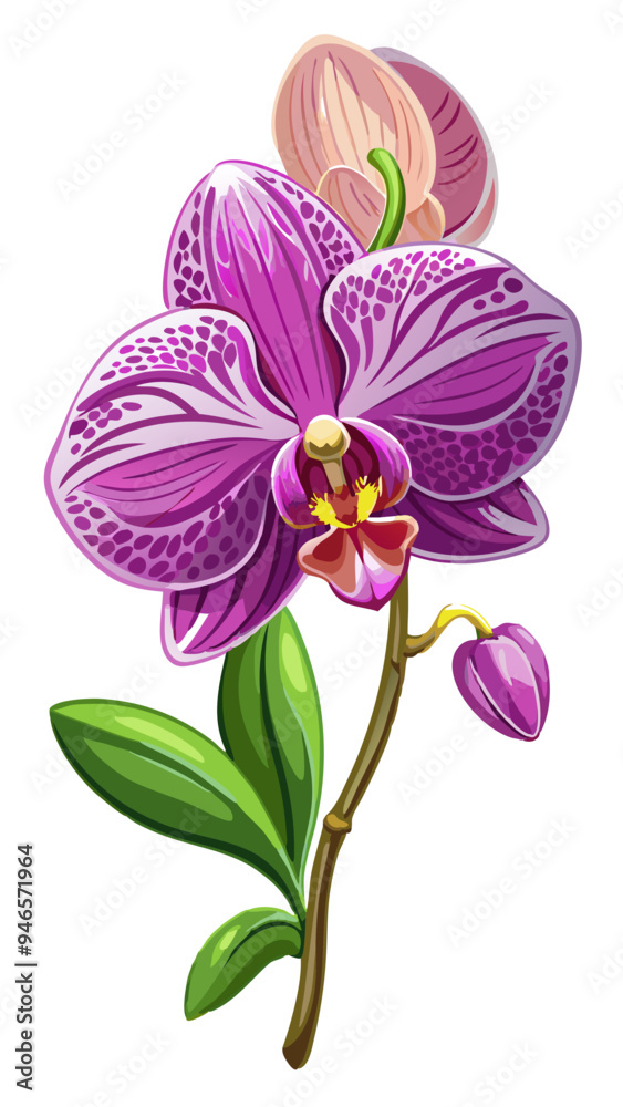 Obraz premium Elegant Pink Orchid Illustration with Lush Green Leaves - A detailed illustration of a pink orchid with lush green leaves. Perfect for botanical designs, nature themes, and floral art enthusiasts.