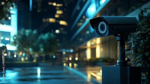 A modern CCTV camera with infrared capability, set up to monitor an outdoor area at night, with a view of the illuminated surveillance zone in the background.