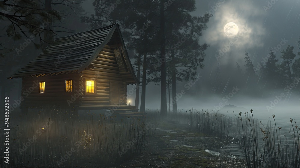 A wooden house at night with glowing windows. An old haunted house in a dark forest. Mystical scene. Halloween. Illustration for cover, postcard, greeting card, interior design, decor or print. A wooden house at night with glowing windows. An old haunted house in a dark forest. Mystical scene. Halloween. Illustration for cover, postcard, greeting card, interior design, decor or print.
