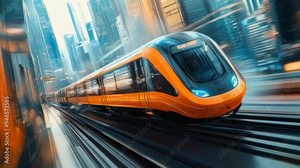 A modern electric train speeding through a cityscape, with sleek design and vibrant colors, showcasing its efficiency and advanced technology. A modern electric train speeding through a cityscape, with sleek design and vibrant colors, showcasing its efficiency and advanced technology.