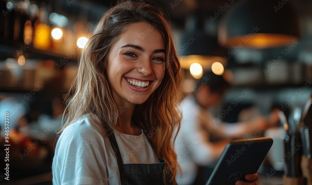 Female restaurant employees using a mobile app on a tablet for restaurant management, Generative AI
