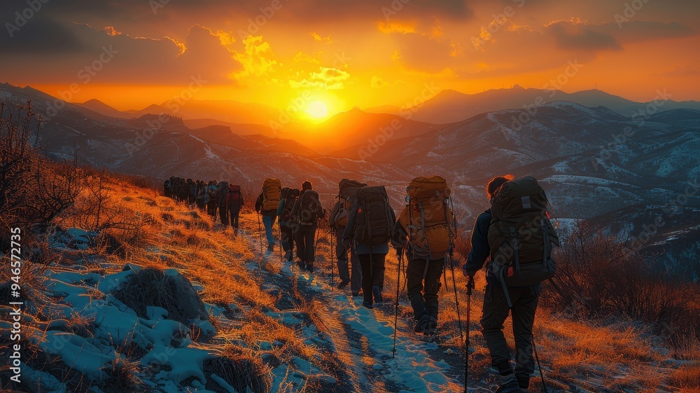 Group Hike at Sunset in Mountain Landscape..