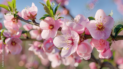 An almond tree blooms in an orchard. Flowers on a tree branch in spring. Illustration for cover, card, postcard, brochure, advertising or presentation.