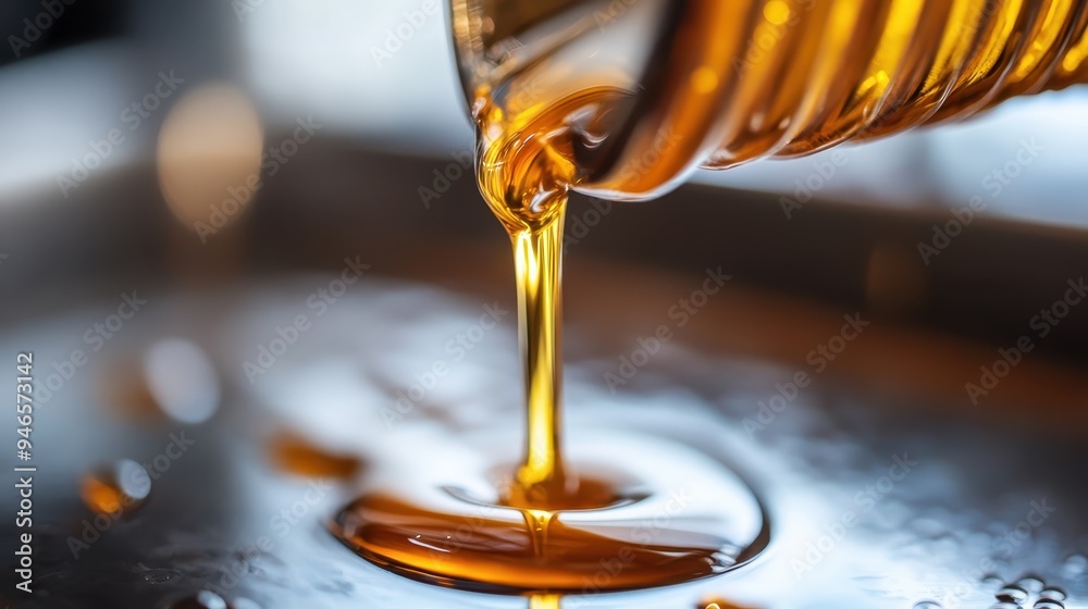 An up-close shot capturing the luscious flow of golden honey being poured, highlighting the rich color, thickness, and shimmering texture of the sweet liquid as it spreads.