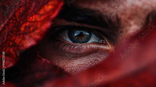 A detailed close-up of a blue eye partially hidden by vibrant red leaves, highlighting the contrast between the human eye and the natural surroundings, creating a striking visual.