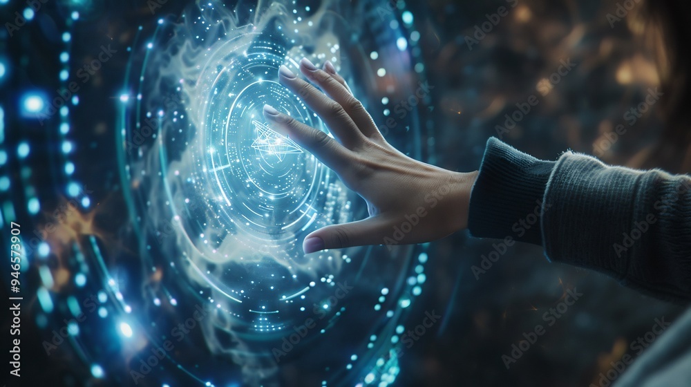 Fototapeta premium Hand Interacting With a Futuristic Holographic Interface