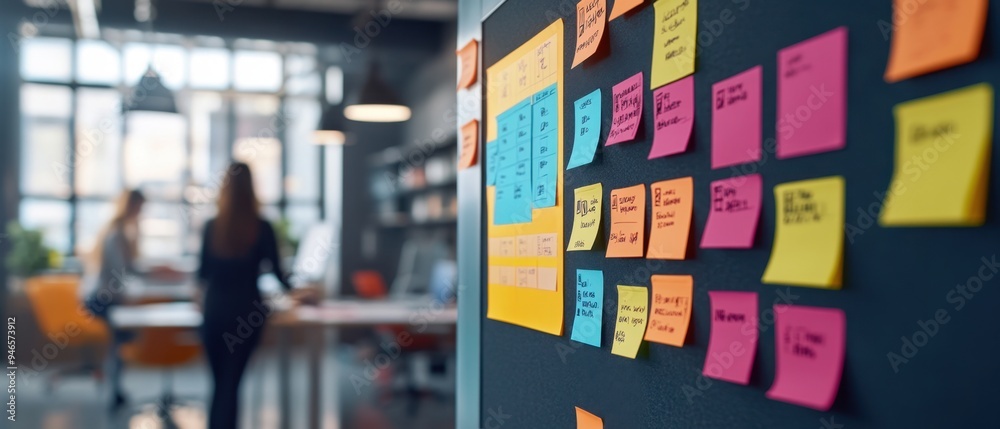 Vibrant Kanban board in a creative studio, showcasing task flow, team collaboration, and productivity with dynamic colors and clear organization Vibrant Kanban board in a creative studio, showcasing task flow, team collaboration, and productivity with dynamic colors and clear organization