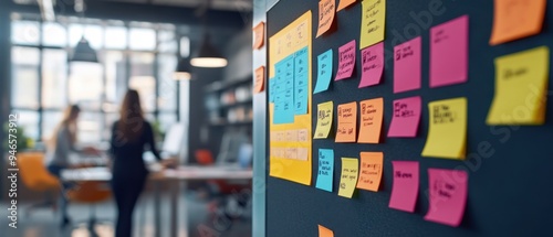 Vibrant Kanban board in a creative studio, showcasing task flow, team collaboration, and productivity with dynamic colors and clear organization