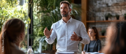 Confident office manager presenting a new strategy to a team with focus on leadership and effective communication photo