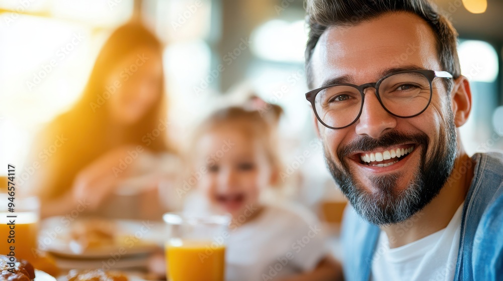 A joyful father and his young daughter enjoy breakfast together in a warm and cozy cafe. Both are beaming, capturing the essence of family and love. A joyful father and his young daughter enjoy breakfast together in a warm and cozy cafe. Both are beaming, capturing the essence of family and love.