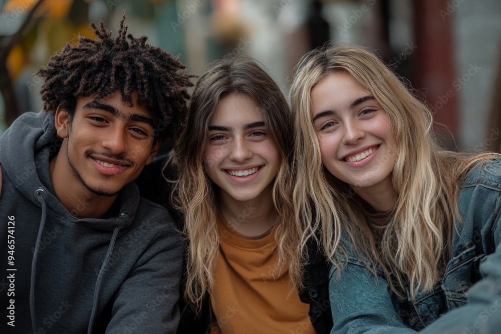 Fototapeta premium Gen Z friends sitting together outdoors, posing and smiling, Generative AI