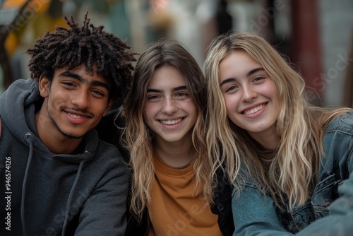 Gen Z friends sitting together outdoors, posing and smiling, Generative AI