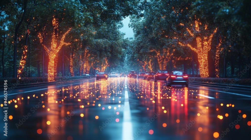 Naklejka premium Holographic road signs display real-time information on a rainy street, where vehicles navigate under illuminated trees and reflect on wet pavement.