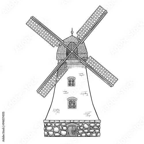 Windmill vector illustration. Drawing of old rustic tower with blades for flour production in outline style. Old vintage building painted by black inks. Etching of wind mill for harvest festival.