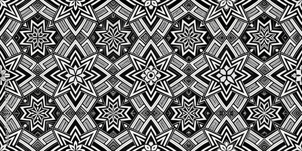 Fototapeta premium Black and White Geometric Starburst Pattern, Abstract Art, Geometric Design, Symmetrical Composition, Kaleidoscope, Graphic Design, Monochromatic