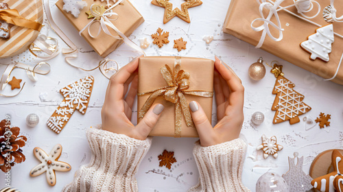 Woman wearing a knitted sweater holding a christmas present surrounded by cookies, ornaments and decoration