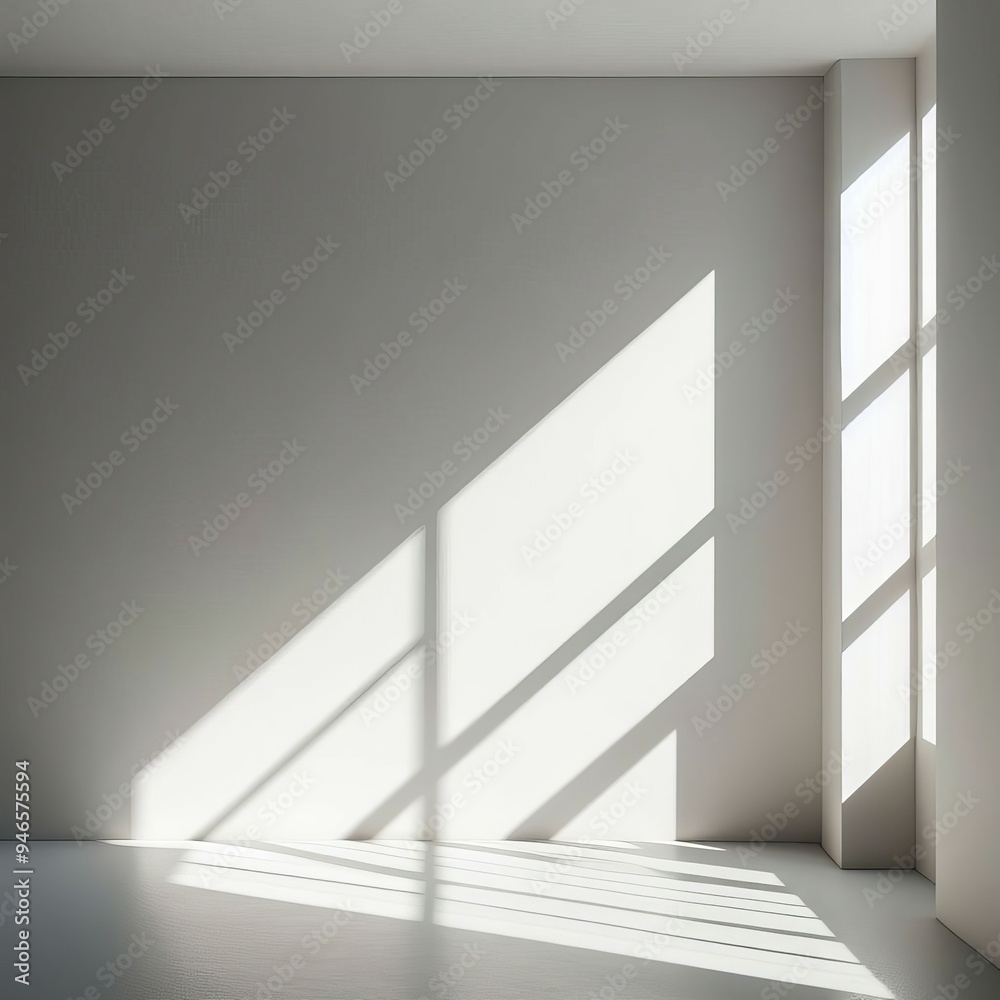 Fototapeta premium Diagonal window shadow casted by sunlight on white wall.