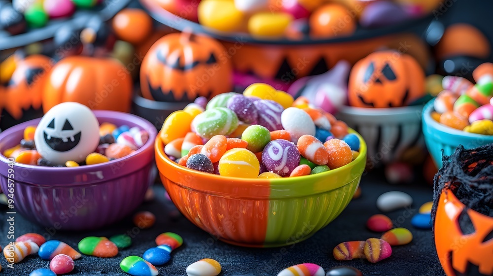 A close-up of assorted Halloween candies displayed in colorful bowls surrounded by spooky decorations A close-up of assorted Halloween candies displayed in colorful bowls surrounded by spooky decorations