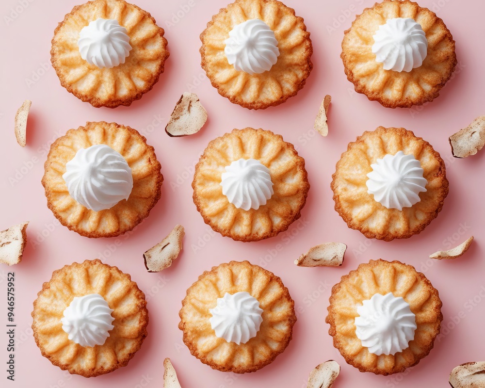 Coconut wafer cookies flat design top view, tropical theme, 3D render, Complementary Color Scheme Coconut wafer cookies flat design top view, tropical theme, 3D render, Complementary Color Scheme