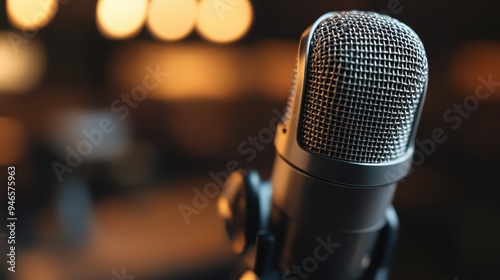 A close-up of a microphone with a subtle blurred background, highlighting the equipment used in audio recording, broadcasting, and performances, focusing on sound clarity. photo