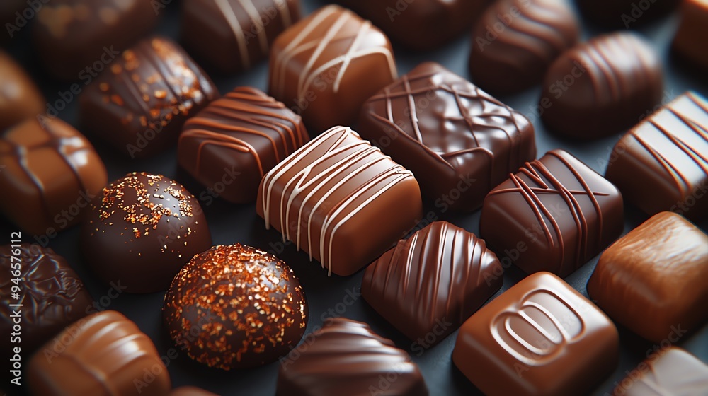 Assortment of gourmet chocolates in various shapes and designs. Assortment of gourmet chocolates in various shapes and designs.