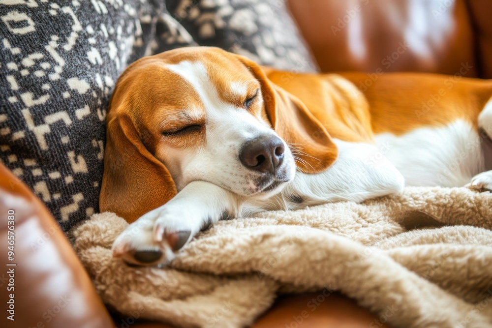 A Beagle Dog Napping Comfortably on a Couch A Beagle Dog Napping Comfortably on a Couch