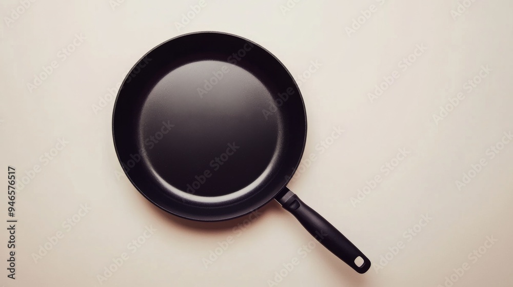 A non-stick frying pan with a black handle, set against a white background, showcasing its smooth surface and functionality in a minimalist style. A non-stick frying pan with a black handle, set against a white background, showcasing its smooth surface and functionality in a minimalist style.