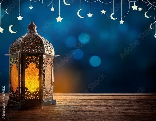 Ornamental Arabic lantern with burning candle glowing at night mosque background. Festive greeting card, invitation for Muslim holy month Ramadan  photo