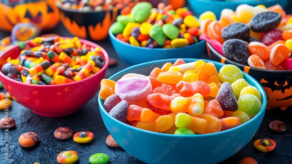A close-up view of Halloween candies displayed in vibrant bowls surrounded by spooky decorations for an irresistible look A close-up view of Halloween candies displayed in vibrant bowls surrounded by spooky decorations for an irresistible look