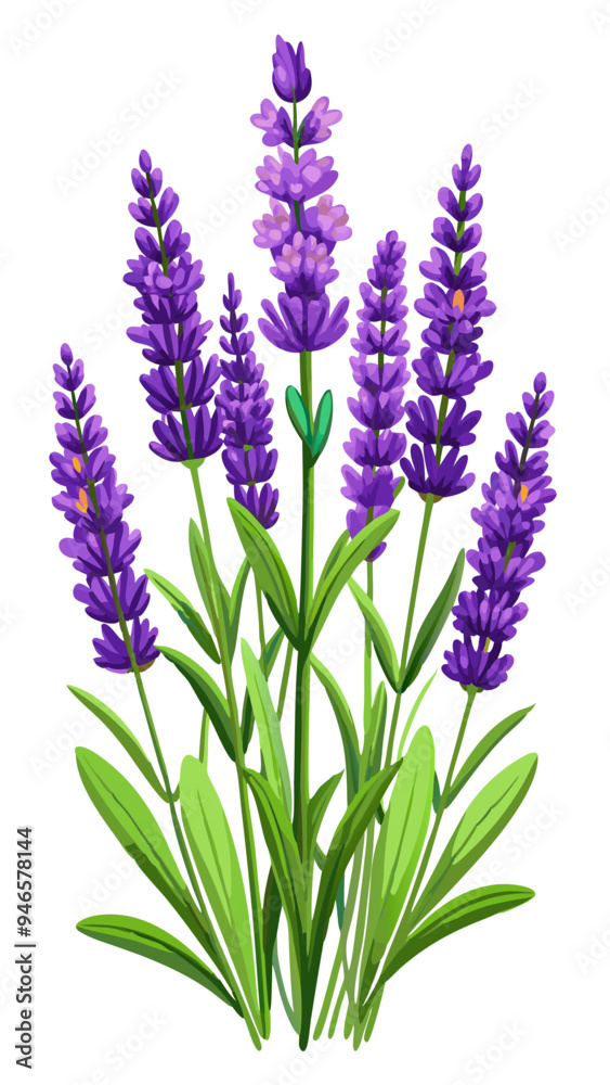 Naklejka premium Illustration of Fresh Lavender Stems with Purple Blooms - illustration of lavender stems with vibrant purple flowers and green leaves. Perfect for botanical projects, aromatherapy, and nature themes.