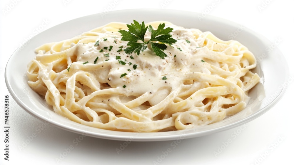 A perfectly cooked plate of fettuccine Alfredo, with a creamy sauce and parsley garnish, presented on a white plate with a white background. A perfectly cooked plate of fettuccine Alfredo, with a creamy sauce and parsley garnish, presented on a white plate with a white background.