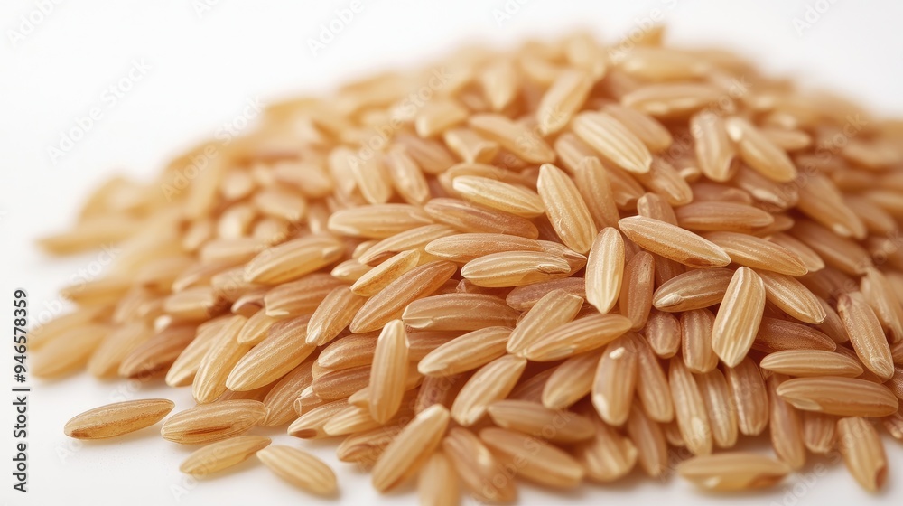 Obraz premium Close-up of brown rice grains piled neatly in a small mound on a white background, highlighting their natural texture and color, no people.