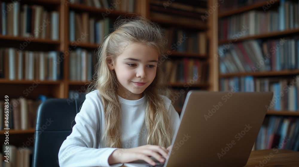 Cute young girl working with a laptop in a library Cute young girl working with a laptop in a library