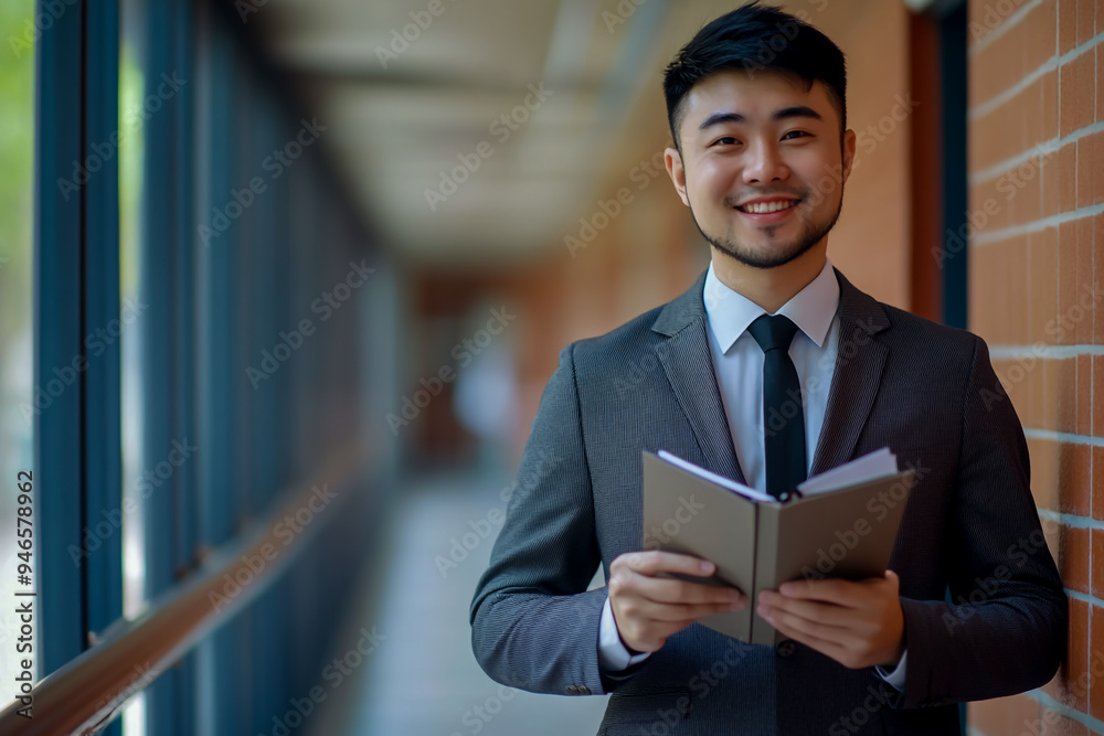 A male teacher in professional attire, with black hair and a short beard A male teacher in professional attire, with black hair and a short beard
