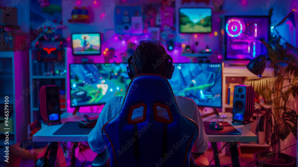 Gamer in a Neon-Lit Room Playing on a Multi-Screen Setup. gamer immersed in a neon-lit room with multi-screen setup, representing modern gaming experience, technology, and the vibrant gaming culture. Gamer in a Neon-Lit Room Playing on a Multi-Screen Setup. gamer immersed in a neon-lit room with multi-screen setup, representing modern gaming experience, technology, and the vibrant gaming culture.