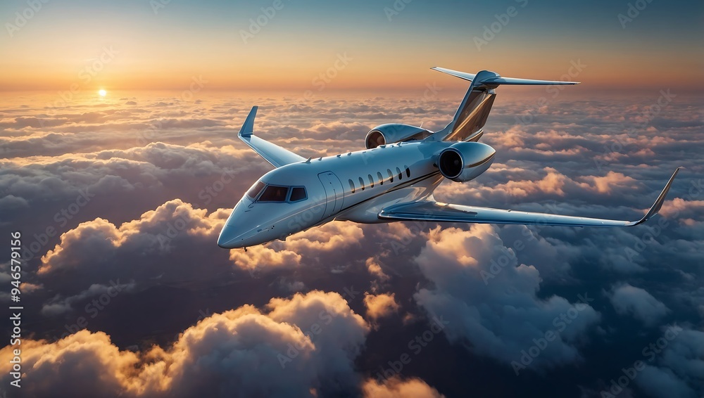 Private jet soaring above the clouds at sunset, with clear skies and rich colors Private jet soaring above the clouds at sunset, with clear skies and rich colors